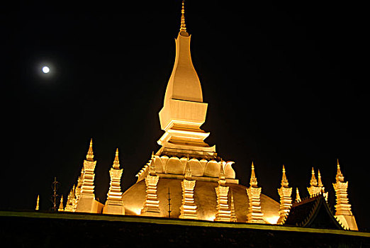 夜景,佛教,节日,满月,泛光灯照明,金色,佛塔,万象,老挝,东南亚,亚洲