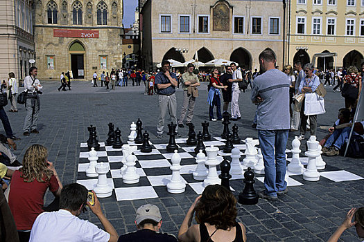 捷克共和国,布拉格,老城广场,人,玩,巨大,下棋
