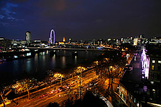 夜晚,仰视,泰晤士河,庙宇,滑铁卢,桥,伦敦眼,议会大厦,伦敦,英国