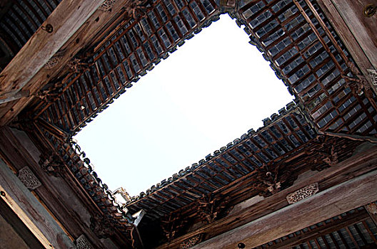 仰视古建筑庭院中的长方形天井