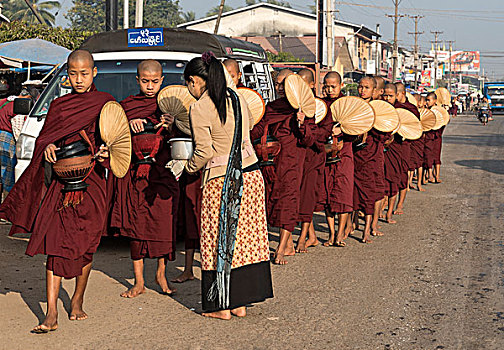僧侣,早晨,施舍,圆,街道,孟邦,缅甸,亚洲