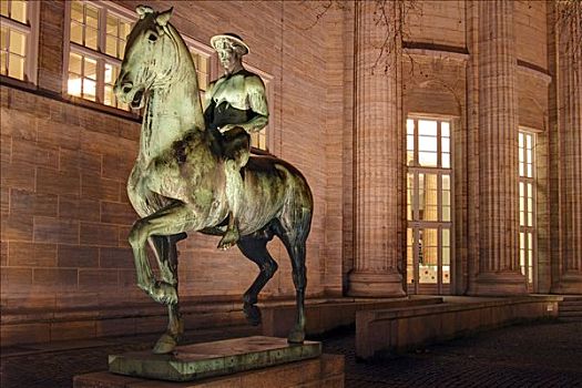 光亮,骑马,雕塑,正面,美术馆,汉堡包,夜晚,汉堡市,德国,欧洲