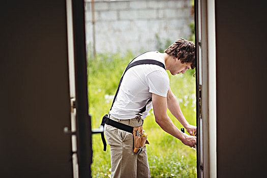 木匠,测量,门框,户外,家