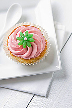 杯形蛋糕,粉色,糖衣,绿花