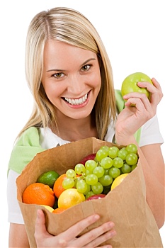 健康生活,愉悦,女人,水果,购物袋