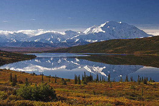景色,山,麦金利山,旺湖,德纳里峰国家公园,室内,阿拉斯加,秋天