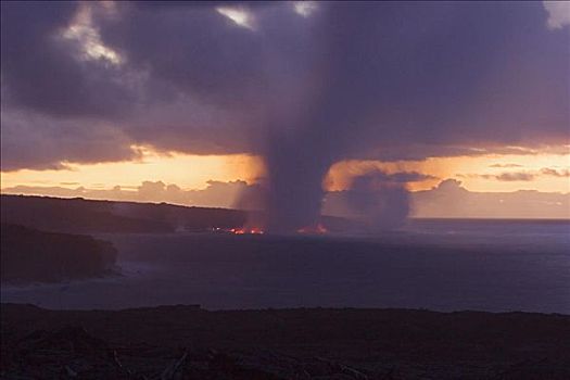 夏威夷,夏威夷大岛,卡拉帕那,蒸汽,云,火山岩,进入,太平洋,基拉韦厄火山