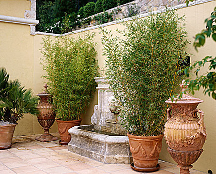 竹子,陶制器具,旁侧,墙壁,喷泉