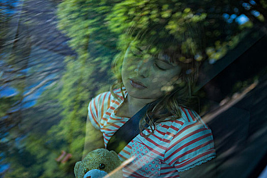少女,泰迪熊,睡觉,后座,汽车,可爱