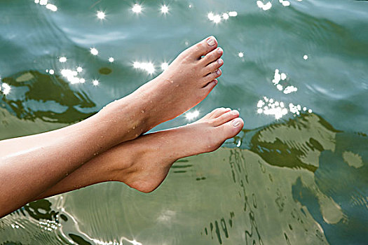 女人,浸,脚趾,安静,湖