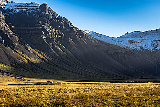 欧洲,北欧,冰岛,斯奈山半岛,孤单,房子,正面,山景