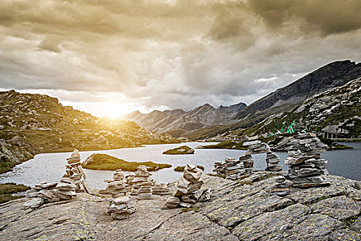 堆积,石头,湖,日落,提契诺河,瑞士,欧洲