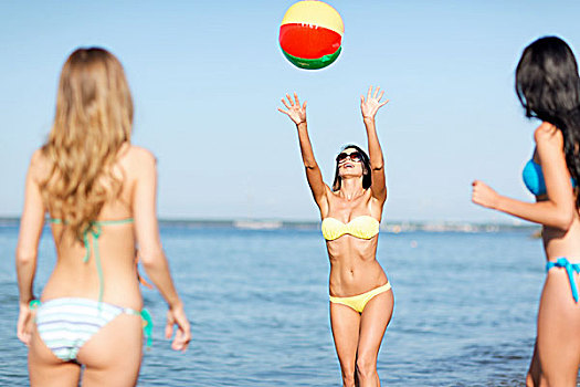 暑假,度假,海滩,活动,概念,女孩,玩,球