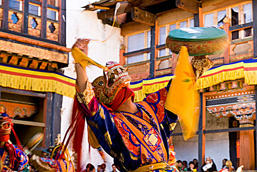 舞者,节日,宗派寺院,远眺,山谷,布姆唐,不丹