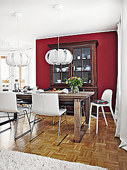 白色,桶,椅子,橡树,餐桌,相对,自助餐,波尔多,红墙