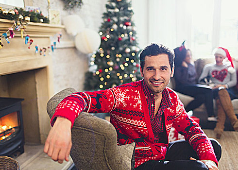 头像,微笑,男人,圣诞节,毛衣,坐,客厅