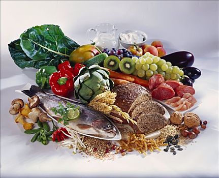 混合,静物,蔬菜,水果,肉,鱼肉