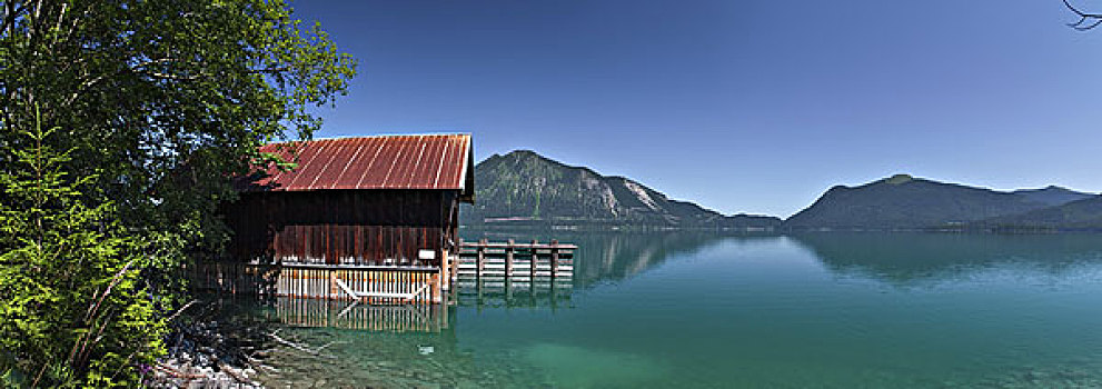 船,小屋,湖,瓦尔幸湖,风景,巴伐利亚,德国
