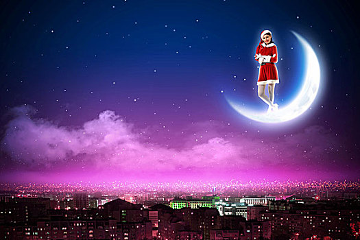 圣诞老人,女孩,月亮