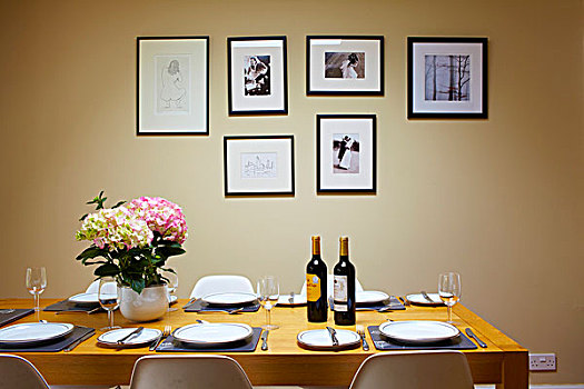 葡萄酒瓶,八仙花属,餐桌,正面,框架,淡色调,墙壁
