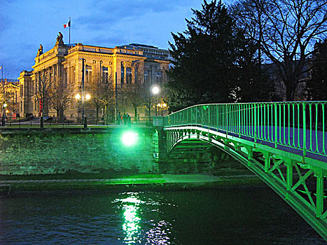 步行桥,国家戏院,夜晚,斯特拉斯堡,阿尔萨斯,法国