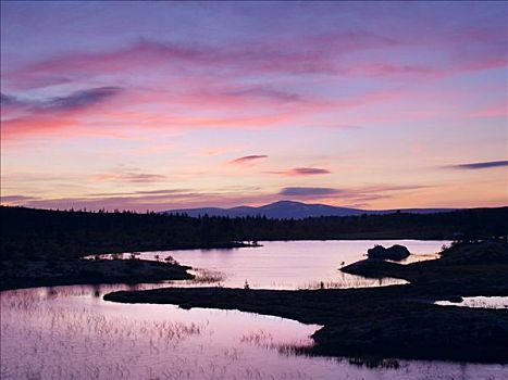 湖,日落,天空,国家公园,挪威,斯堪的纳维亚,北欧