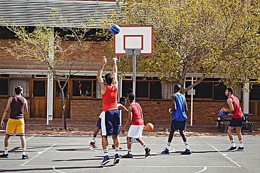 籃球手,練習,籃球場,戶外