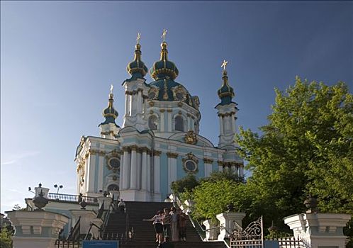 乌克兰,基辅,教堂,神圣,安德里亚,建造,木头,石头,建筑师,蓝天,阳光,树,2004年
