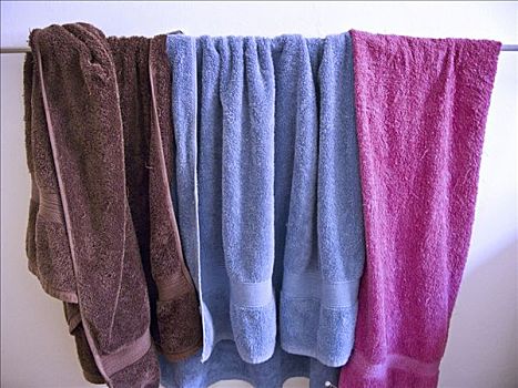 特写,三个,毛巾,晾衣服