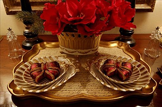 圣诞装饰,托盘,红色,假花,花瓶