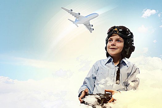 图像,小男孩,飞行员,头盔,玩,玩具,飞机,云,背景