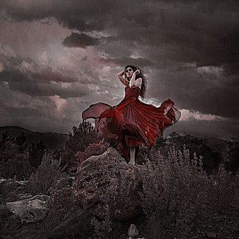 女人,穿,红裙,吹,风,上面,石头,马拉加,西班牙