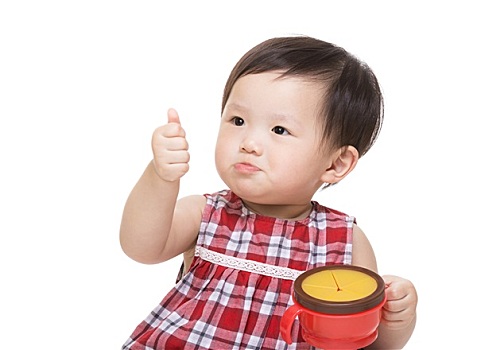 亚洲人,女婴,餐食,盒子,竖大拇指