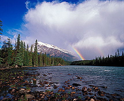 一对,彩虹,上方,阿萨巴斯卡河,碧玉国家公园,艾伯塔省,加拿大