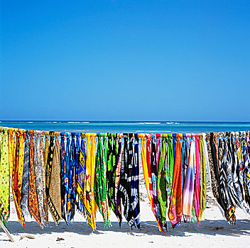 彩色,莎笼裙,悬挂,上方,白沙滩