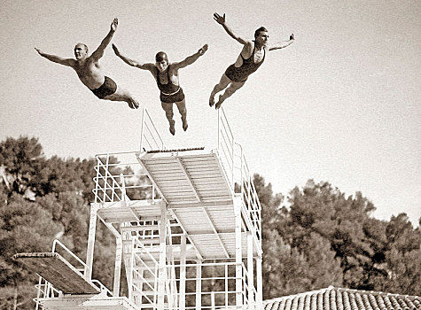 三个男人,跳跃,游泳池,20世纪30年代,德国,欧洲