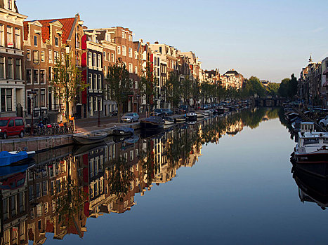 运河,船,倒影,早晨,气氛,阿姆斯特丹,城市,荷兰
