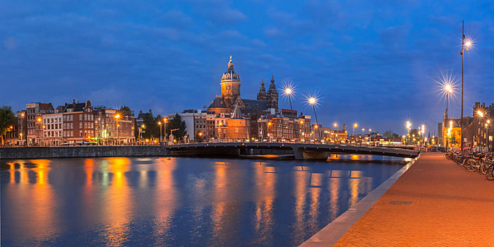 夜晚,阿姆斯特丹,运河,大教堂,圣诞老人