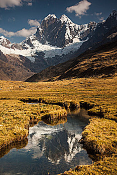 顶峰,反射,河流,湖,安第斯山,秘鲁