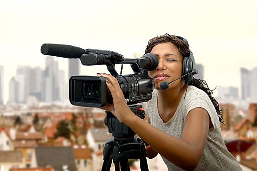 年轻,非裔美国女性,职业,摄像机