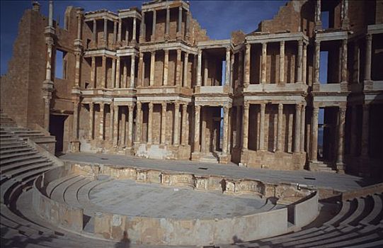 建筑,后面,舞台,罗马人,剧院,萨布拉塔,一个,世界,三层,凹槽,上升,20多岁,高处,长,宽,俯瞰