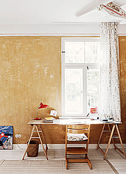椅子,书桌,木质,支架,仰视,窗户,石膏,墙壁