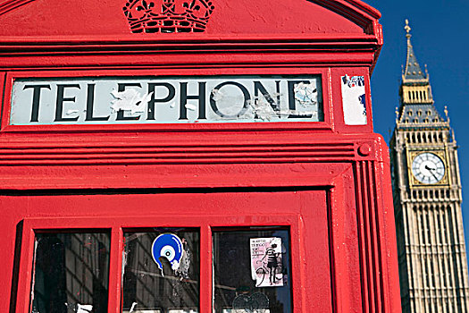 英格兰,伦敦,威斯敏斯特,红色,电话亭,大本钟,背景