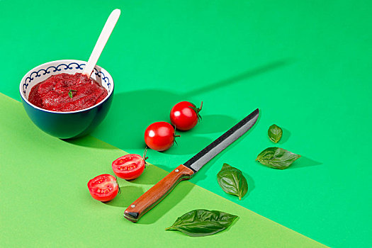 碗,西红柿,绿色,桌子