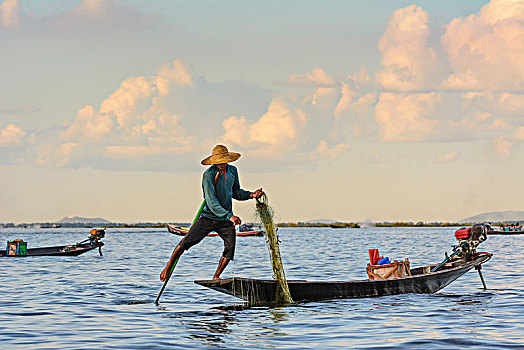 渔民,茵莱湖,渔网,腿,划船,风格,人,掸邦,缅甸