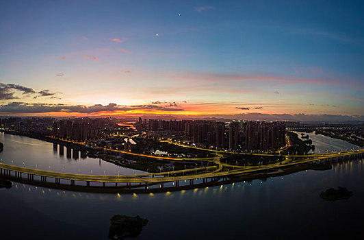 惠州西枝江畔东平文头岭社区商品房建筑清晨航拍风光