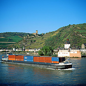 驳船,装载,容器,莱茵河,河,法尔茨,城堡,莱茵河谷,德国