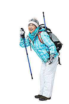 老年女人冬季登山旅行