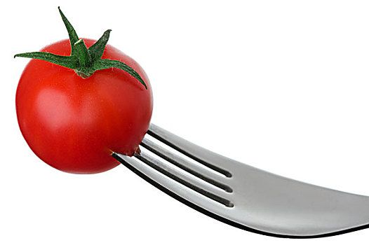 西红柿,叉子,白色背景