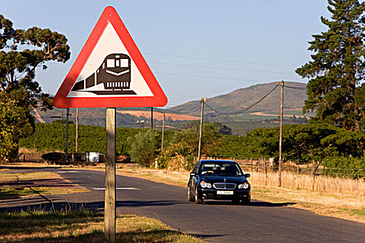 路标,铁道口,乡间小路,斯坦陵布什,靠近,城镇,西海角,南非,非洲